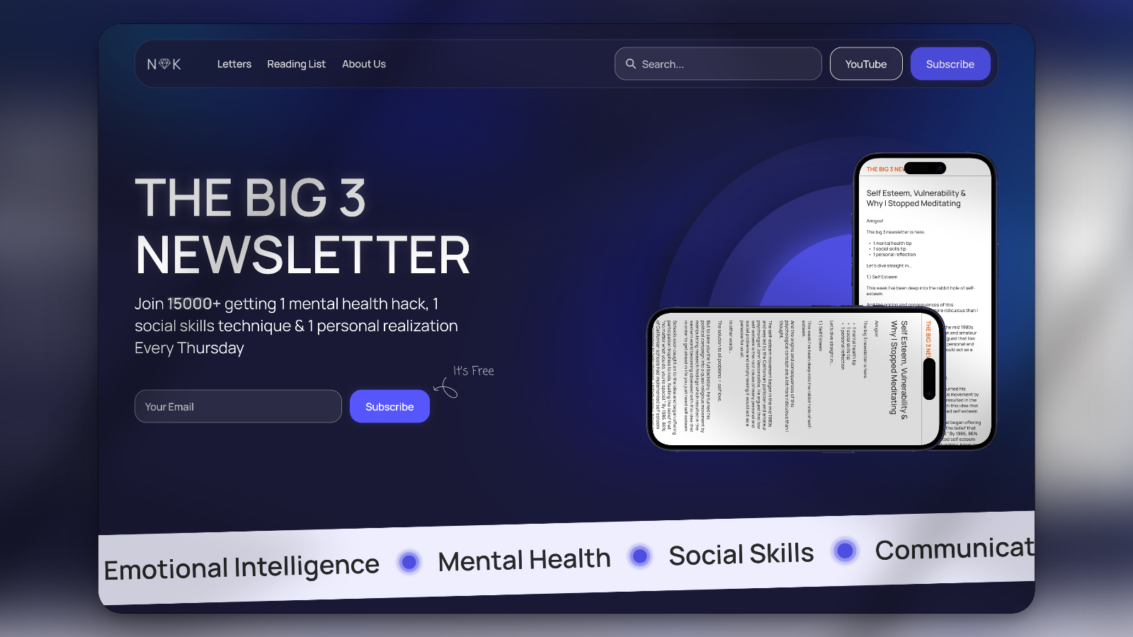 newelofknowledge.com hero: The Big 3 newsletter signup with phone mockups